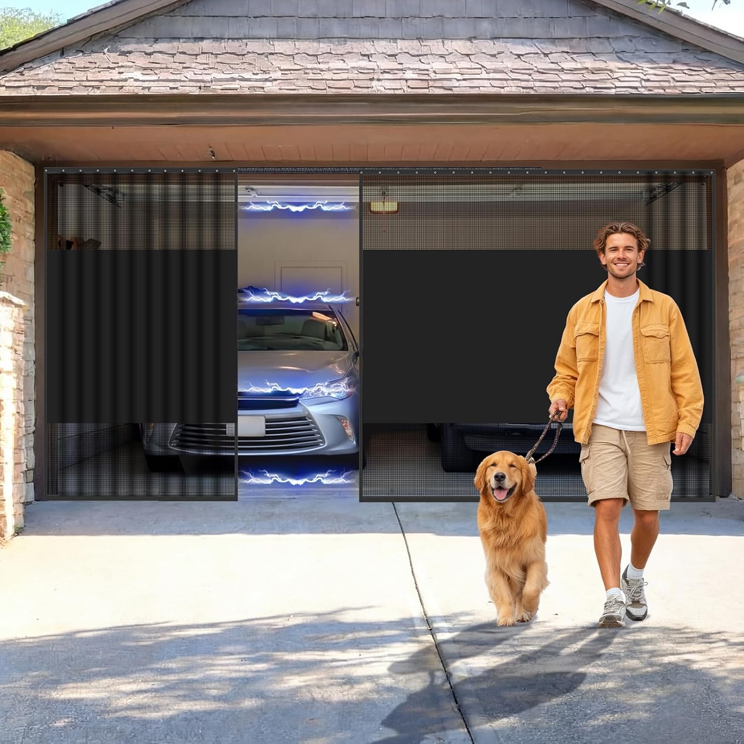 Frienda 16 x 7 ft Sliding Privacy Garage Door Screen 2 Car with Track Closure Retractable Magnetic Closure Heavy Duty Weighted Bottom Door Privacy Protection Curtain Keep Animals Out for Summer Garage