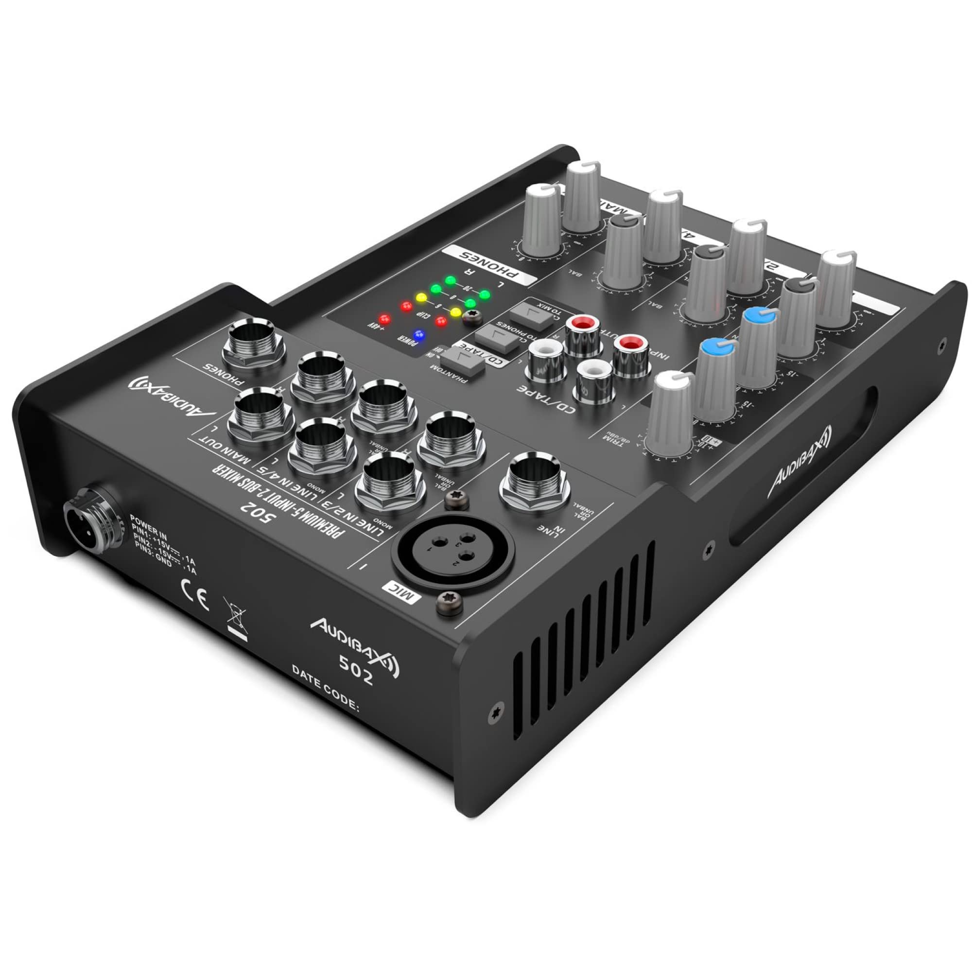 Audibax 502 - Console di Missaggio Audio - Mixer Audio a 5 Canali - Ingresso Microfono - 2 Ingressi Jack Stereo - Equalizzatore a 2 Bande - Alimentazione Phantom 48 V