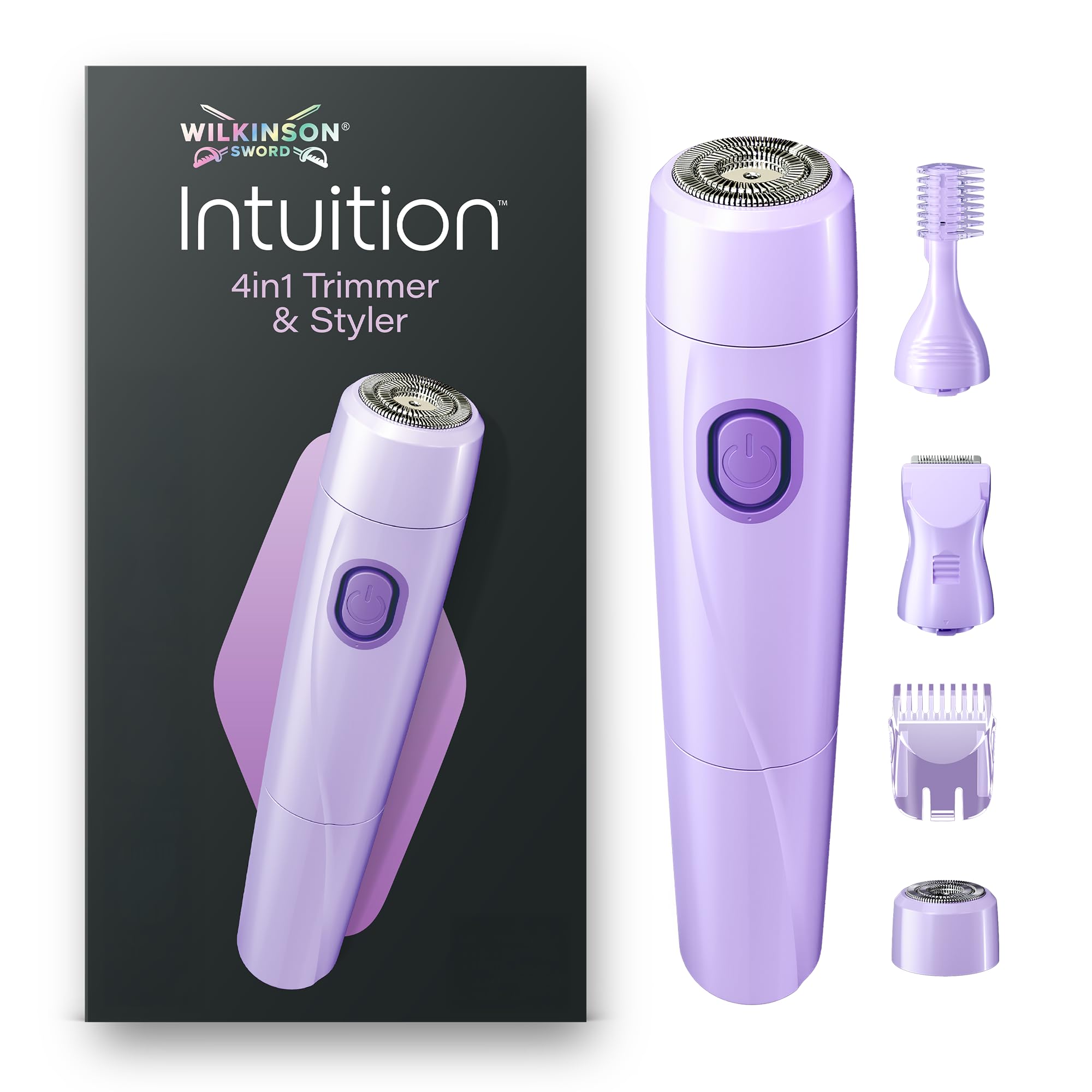 Wilkinson Sword Intuition 4in1 Trimmer and Styler femme, visage et corps | Tondeuse pour le visage et le corps, rasoir femme multizone avec 4 accessoires, trousse, brosse de nettoyage et 1 pile AA