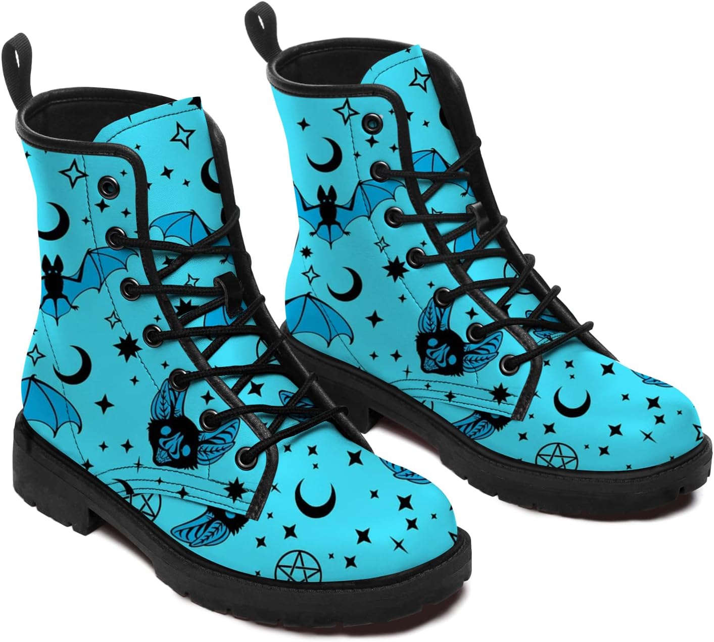 Bat Pattern Boots Mens Womens Combat Boots Vegan Leather Work Boots Lace Up Ankle Bootie Shoes Gifts for Friends