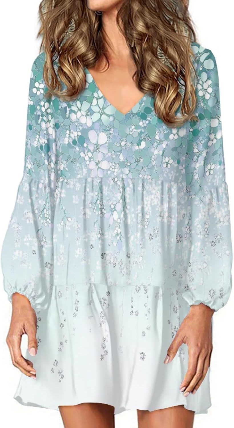 domirica Floral Dress for Women Lantern Sleeve V Neck Plus Size Smocked Swing Flowy Ruffle Fashion Casual Holiday Midi Dress