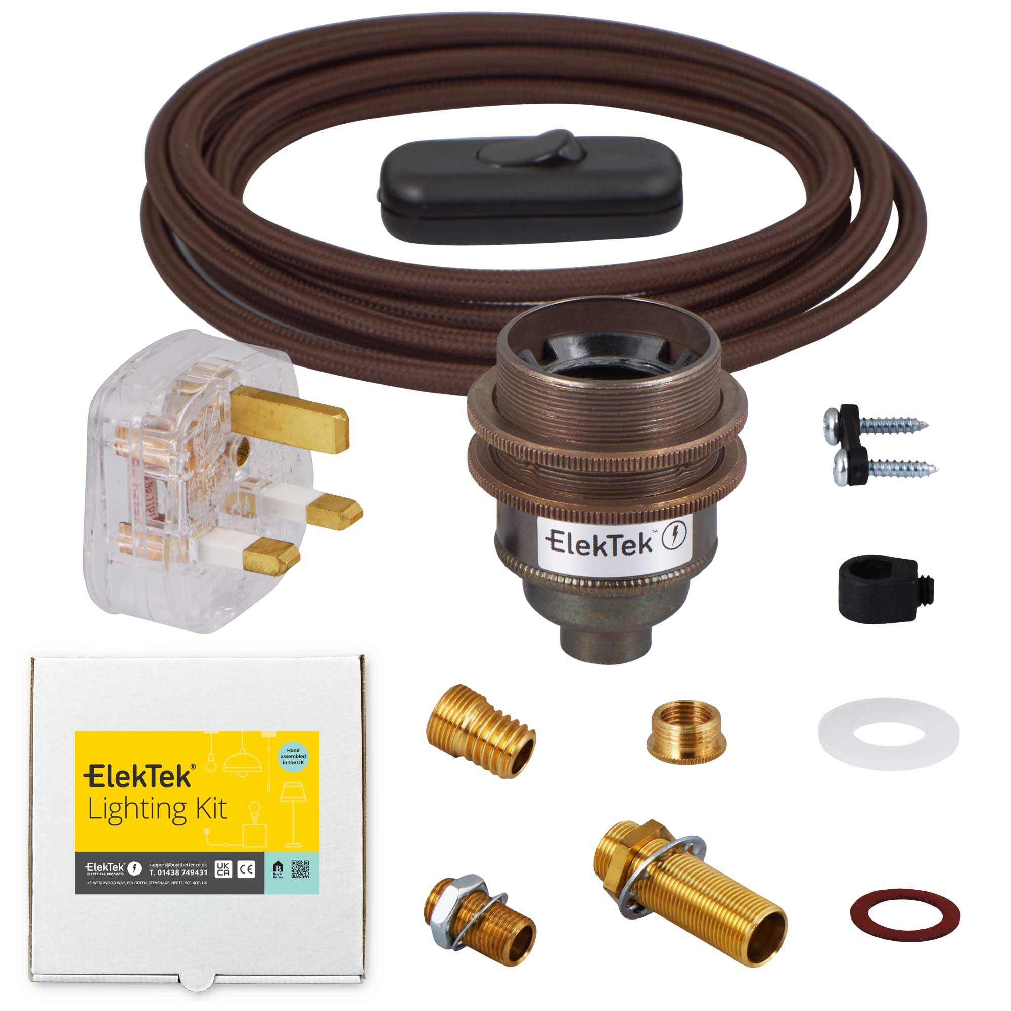 Premium Lampenkit, antiker Messing-Schattenring E27 Lampenfassung mit rundem braunen Flex, in Line-Schalter und 3A UK-Stecker