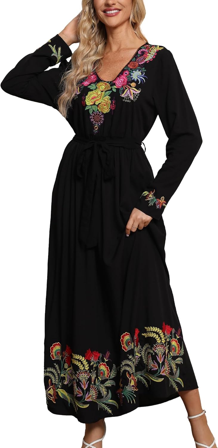 Grosy Women Long Sleeve Embroidered Mexican Dress for Fall Spring Peasant Traditional Floral Boho Smocked Maxi Dresses - Image 3