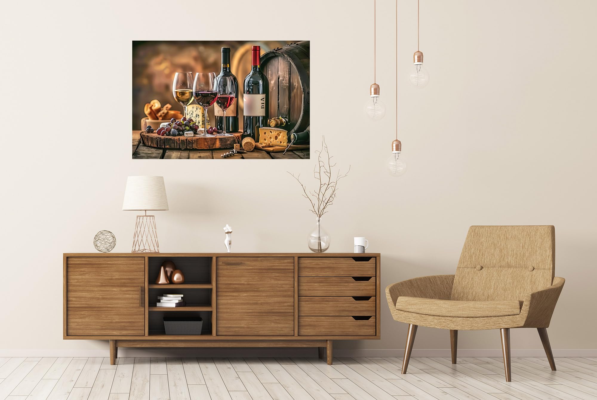 islandburner Prime XXL - Poster con due bicchieri da vino, uno bianco, rosso su tavolo in legno, accanto a bottiglie, formaggio, uva