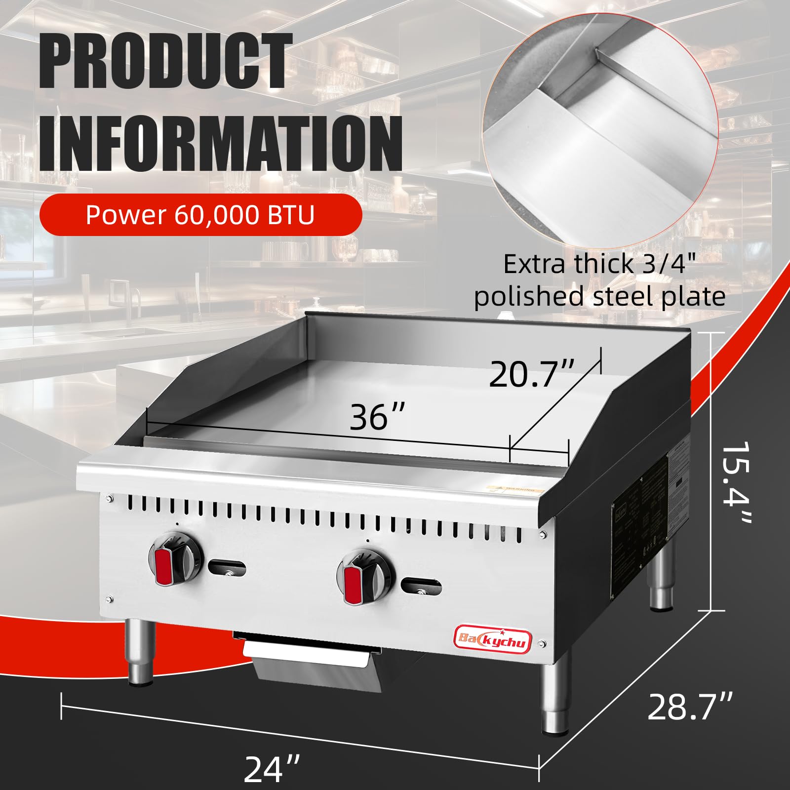 Backychu CSA Certified Commercial Gas Griddle - 48