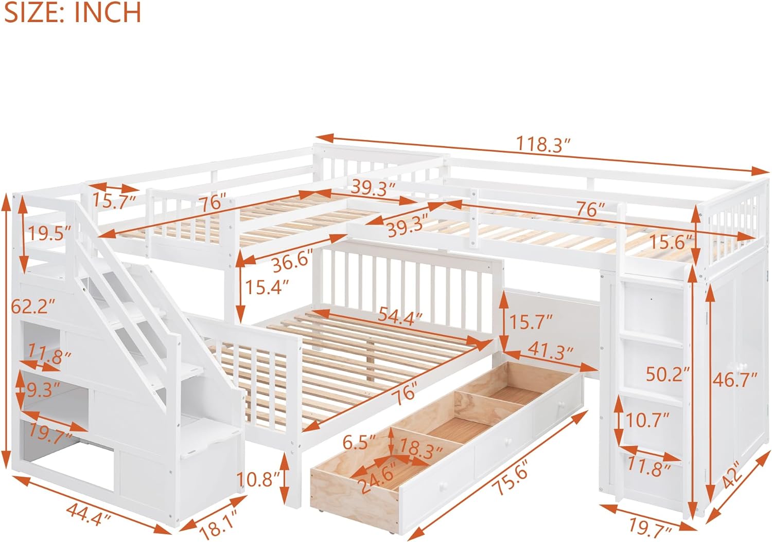 Assembled SOFTSEA L-Shaped Triple Bunk Bed Frame in a room setting