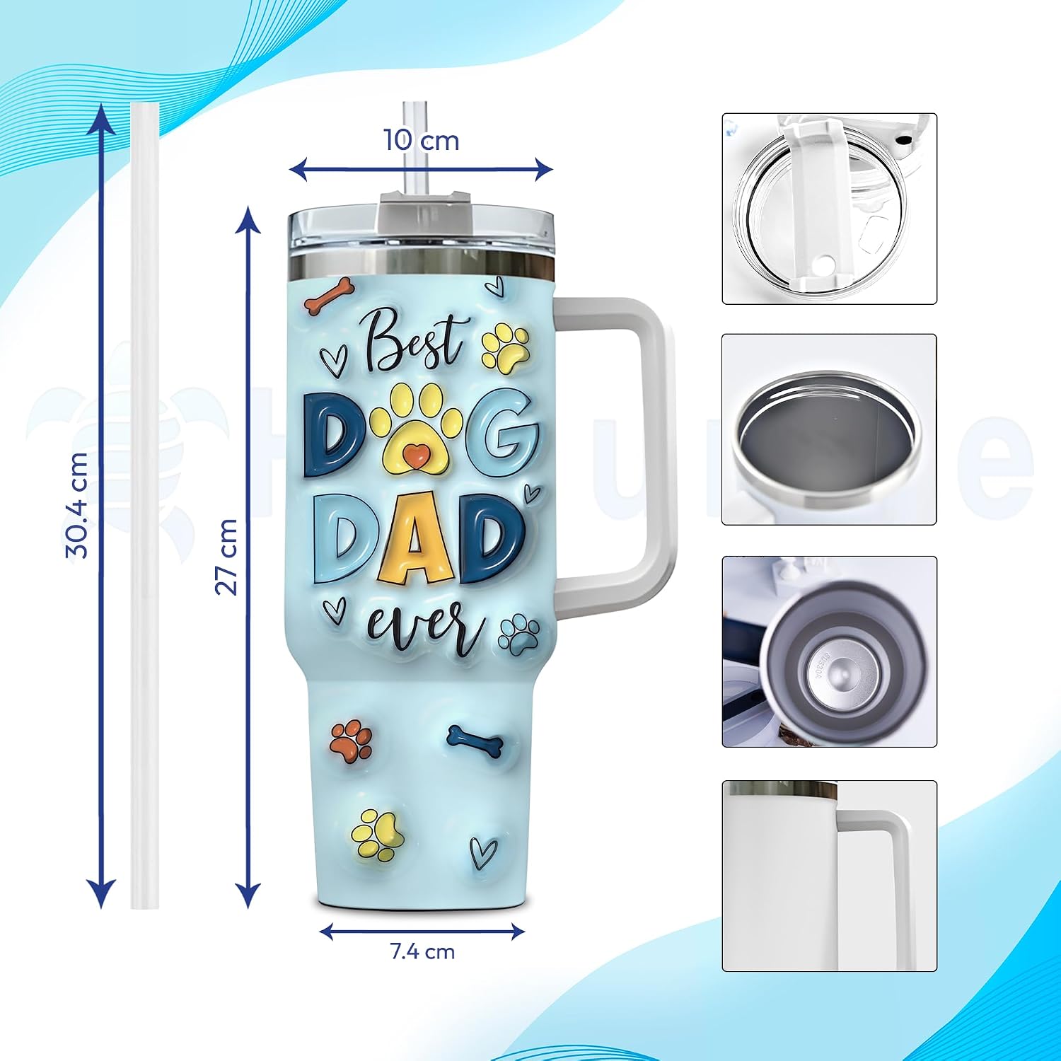 Hyturtle Personalized Best Dog Dad Ever 40 Oz Tumbler With Handle, Custom Photo 2D Dog Dad Tumbler With Lid And Straw, Stainless Steel Dogs Lover Gift for Men, Fathers Day Birthday Gift