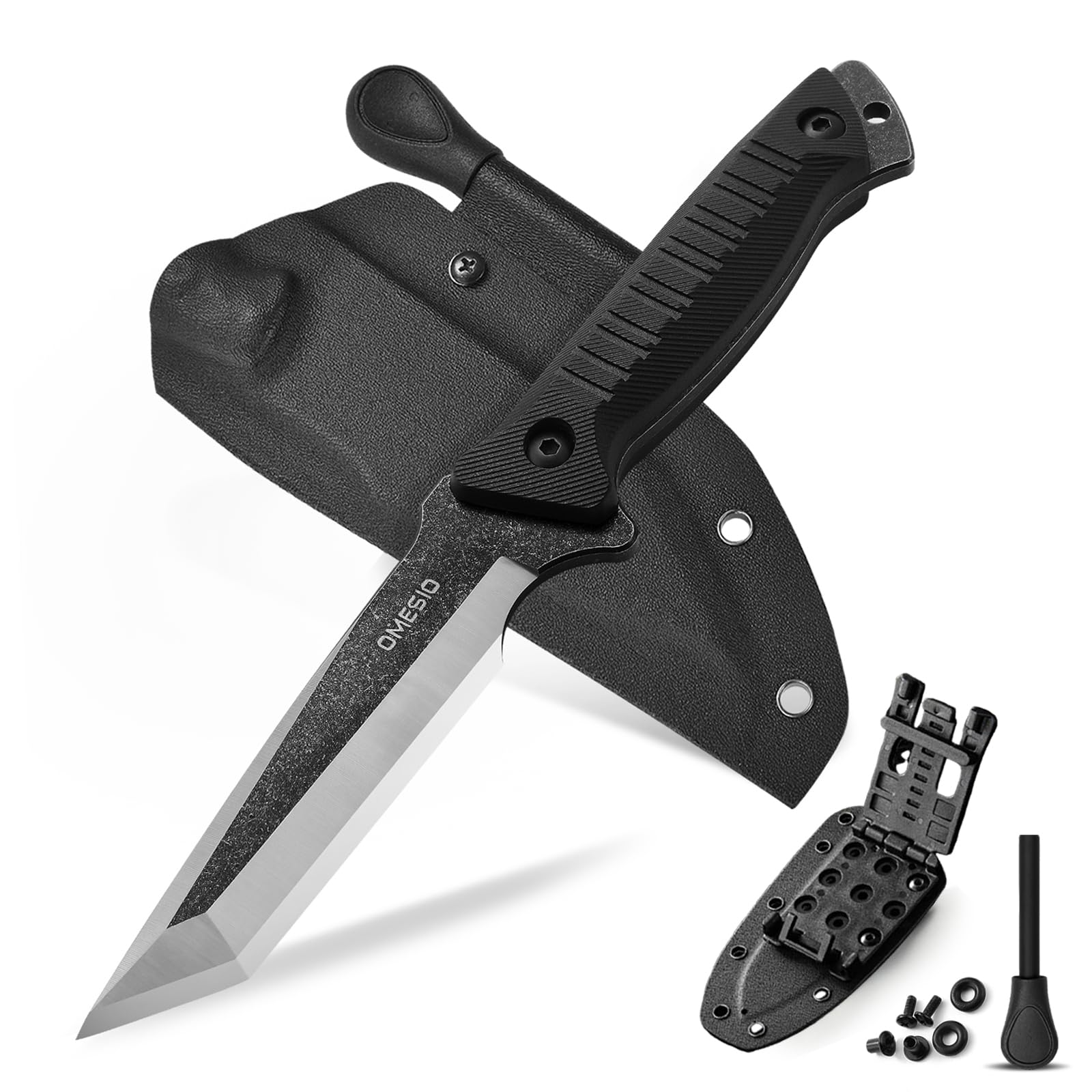 Omesio L-MS01 Tanto Coltello Con Fodero Kydex, Acciarino Coltello Da Caccia in Acciaio Full Tang 420c, Lunghezza Lama 10,4 Cm, Manico G10 per La Caccia E Il Campeggio