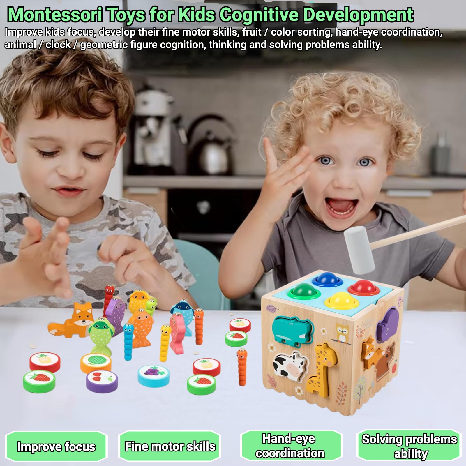 Giocattoli Montessori per bambini,kit di giocattoli in legno 8 in 1 con abbinamento di animali,ordinamento di frutta e colore, pesca,gioco di palline,cubo attività impegnativo per abilità motorie fini