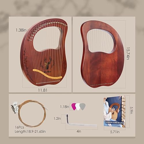 Miniatura 27 de Lyre Harpika, kit de arpa Zelkova Lyra de 17 cuerdas, instrumentos musicales de cuerda con bolsa de llave de afinación, instrucciones adicionales