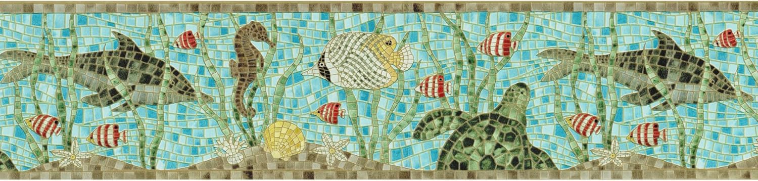TRIMZ Wallpaper Border – Mosaic Tile Marine Life Pattern, Underwater Ocean Scene Design, Coastal and Nautical Style Wall Decor, Pre-Pasted, 15 ft x 8.2 in.