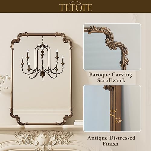 Miniatura 3 de TETOTE Espejo rectangular dorado de latón antiguo para pared, 22 x 30 pulgadas, marco de esquina redondeada, espejo de manto francés para chimenea,