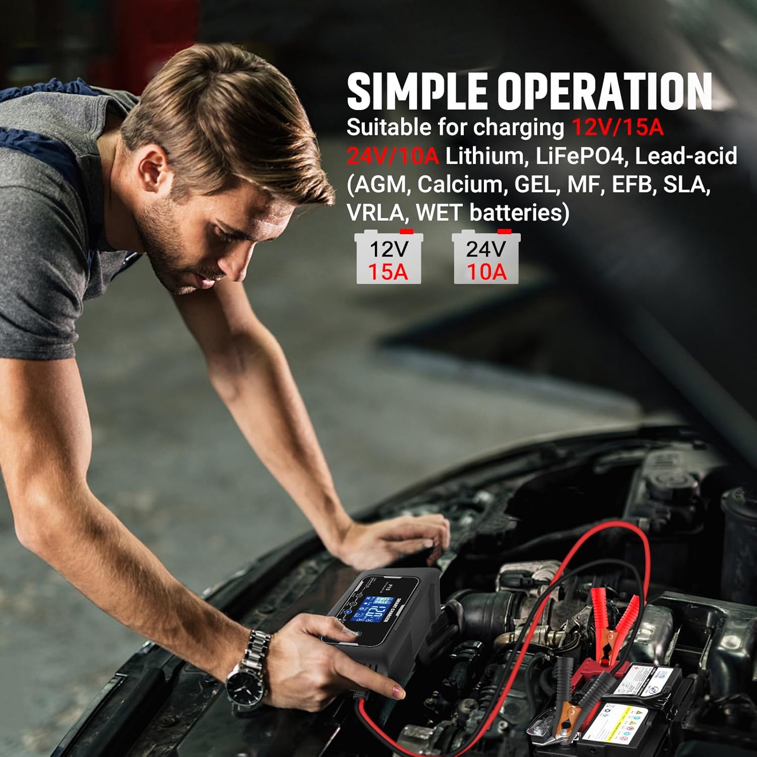A person connecting the HTRC P15 Smart Charger to a car battery under the hood, demonstrating simple operation for charging 12V/15A and 24V/10A batteries.