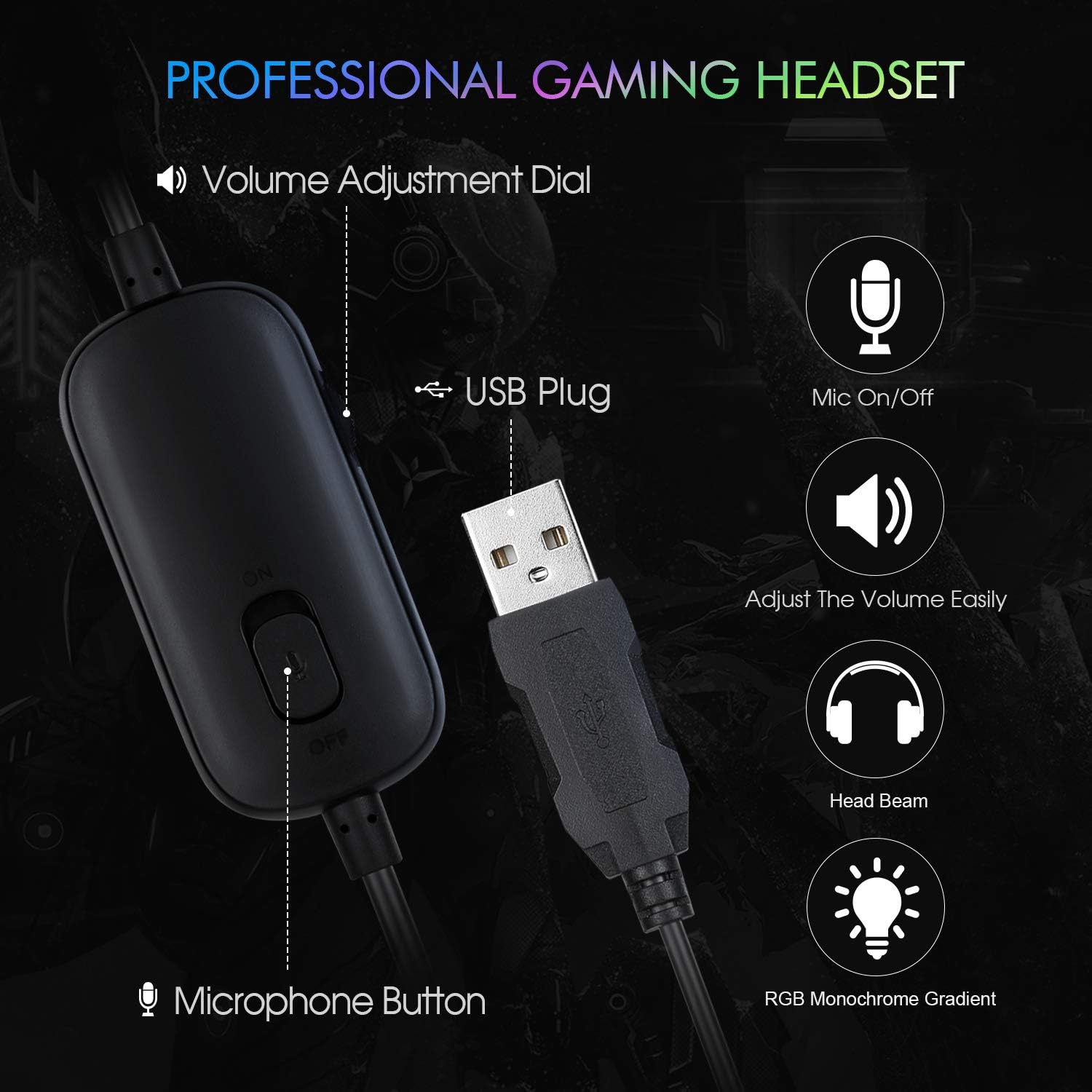 REDSTORM Gaming Headset PC Headset RGB Lights with 7.1 Surround Sound, USB Headphones with Noise Cancelling Microphone Plug & Play Compatible with Mac/PC/Laptops/Mac Computers