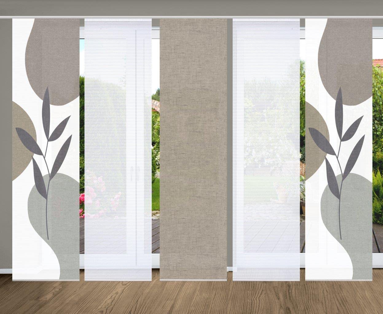 84074 FRONDA Schiebegardine, recyceltem Polyester 245x60 cm, Farbe:Stein, Größe:245 x 60 cm, Anzahl:5er Set (2X Bedruckt. 2X Uni. 1x Uni)