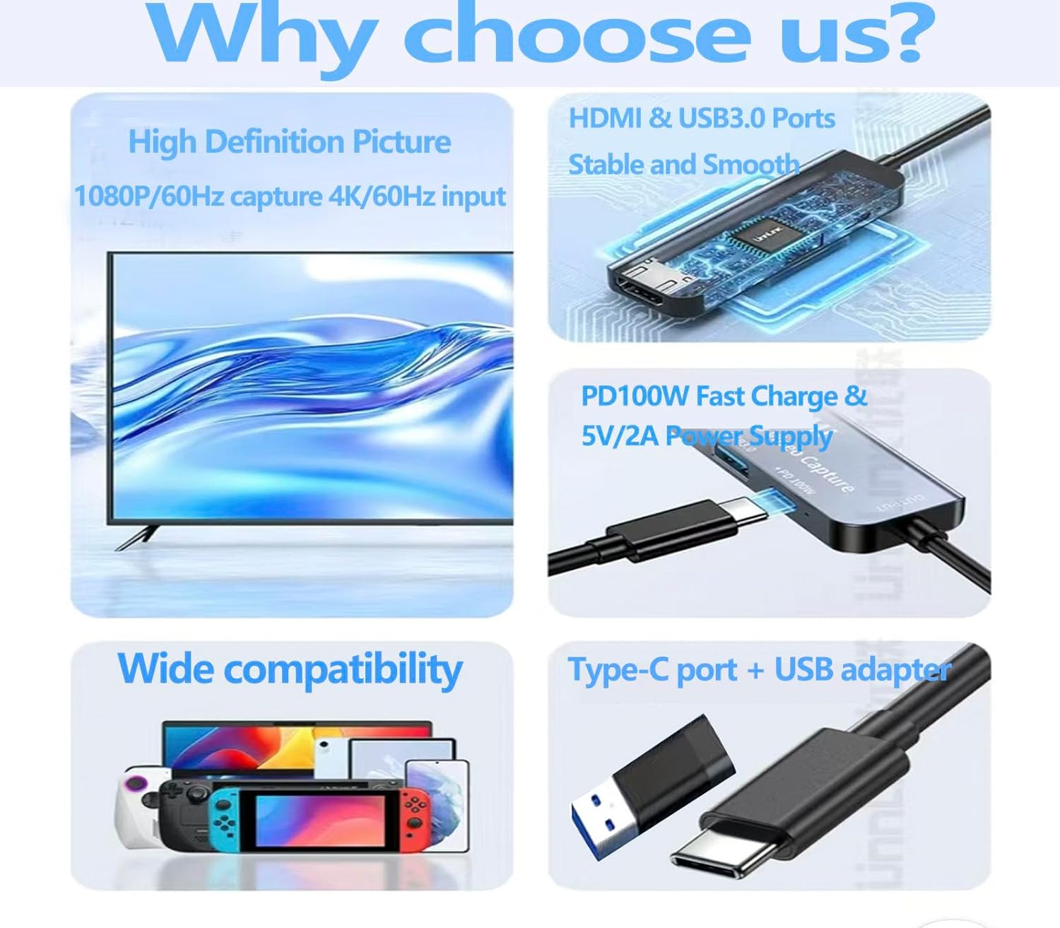 4K HDMI Video Capture Card with USB3.0&100W PD, HDMI to USB/USB C Supports 4K@60Hz Input and 1080P Output HD Live and Record Video Audio Game MS2130 for Sessions Courses Gaming Live Broadcast Record