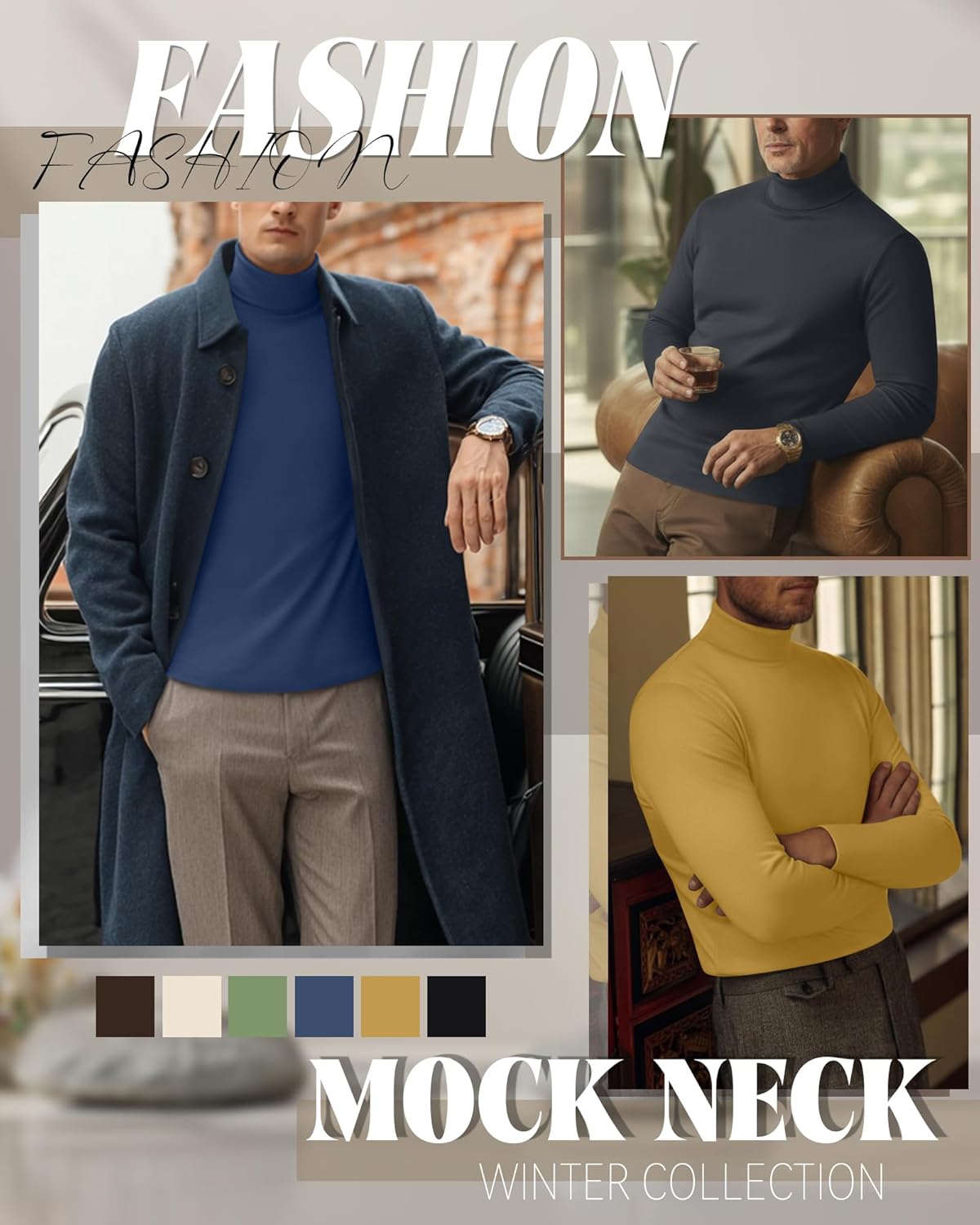 6 Pack Mens Big and Tall Turtleneck Shirts Long Sleeve Loose Fit Tops Basic Pullover Multipack Tees - Image 3