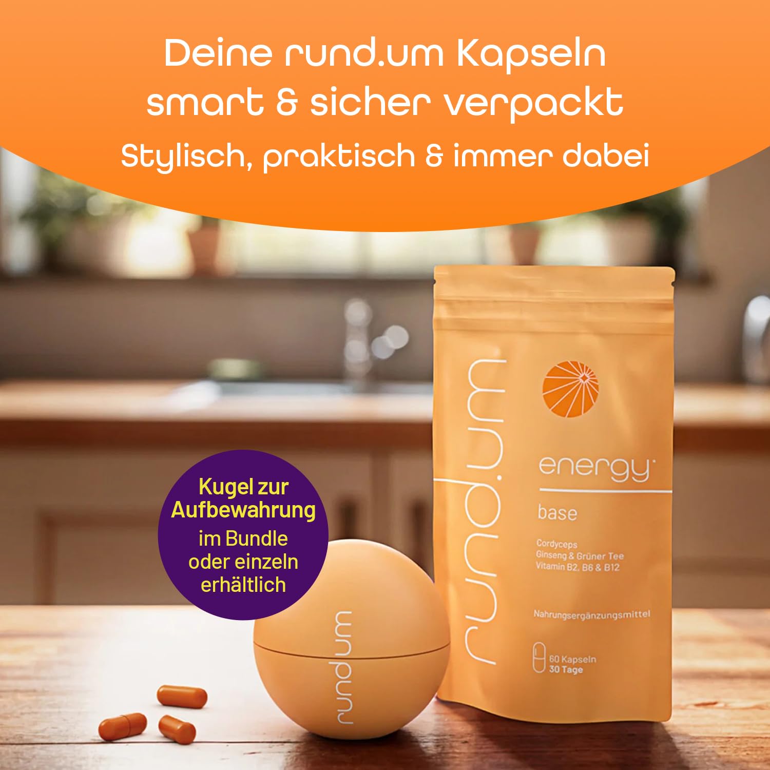 rund.um energy base Kapseln (2 x 60 Stück) - Nahrungsergänzungsmittel für mehr Energie und innere Balance - vegan, laktose- und glutenfrei