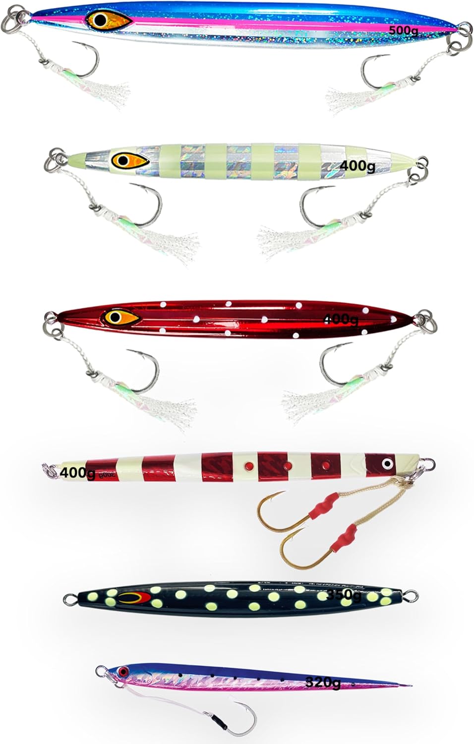 Saltwater Fishing Jigs 320g–500g, 6 Pcs Mixed Colors (Glow Zebra, Lumo Polka Dot, Silver Pink Blue, Black, Red Zebra Glow, Blue Pink) for Offshore Jigging, Ideal for Tuna, Deep Sea Fishing, Combo A