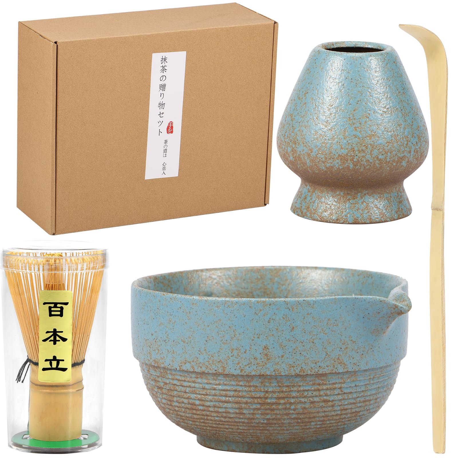 5Pcs Matcha Whisk Set, Matcha Tea Set with Matcha Whisk Holder, Matcha Whisk, Tea Scoop, Ceramic Bowl with Pouring Spout, Clear Matcha Whisk Jar for Tea Culture Tea Drinking Matcha Tea Lovers