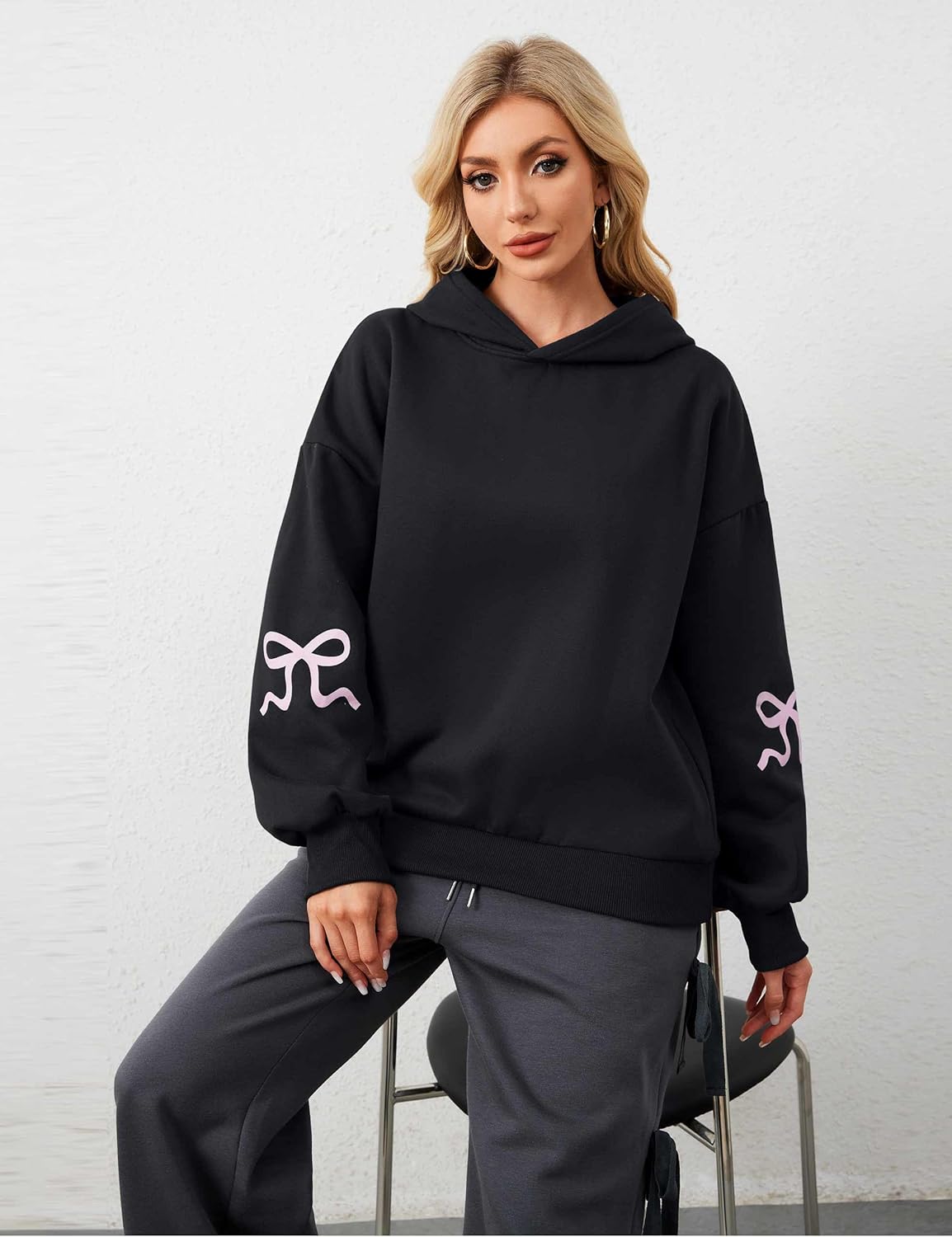 OLAPTA Women Oversized Bow Trim Print Hoodies Long Sleeve Fleeced Casual Graphic Pullover Trendy Fall Hooded Sweatshirts Top - Image 3