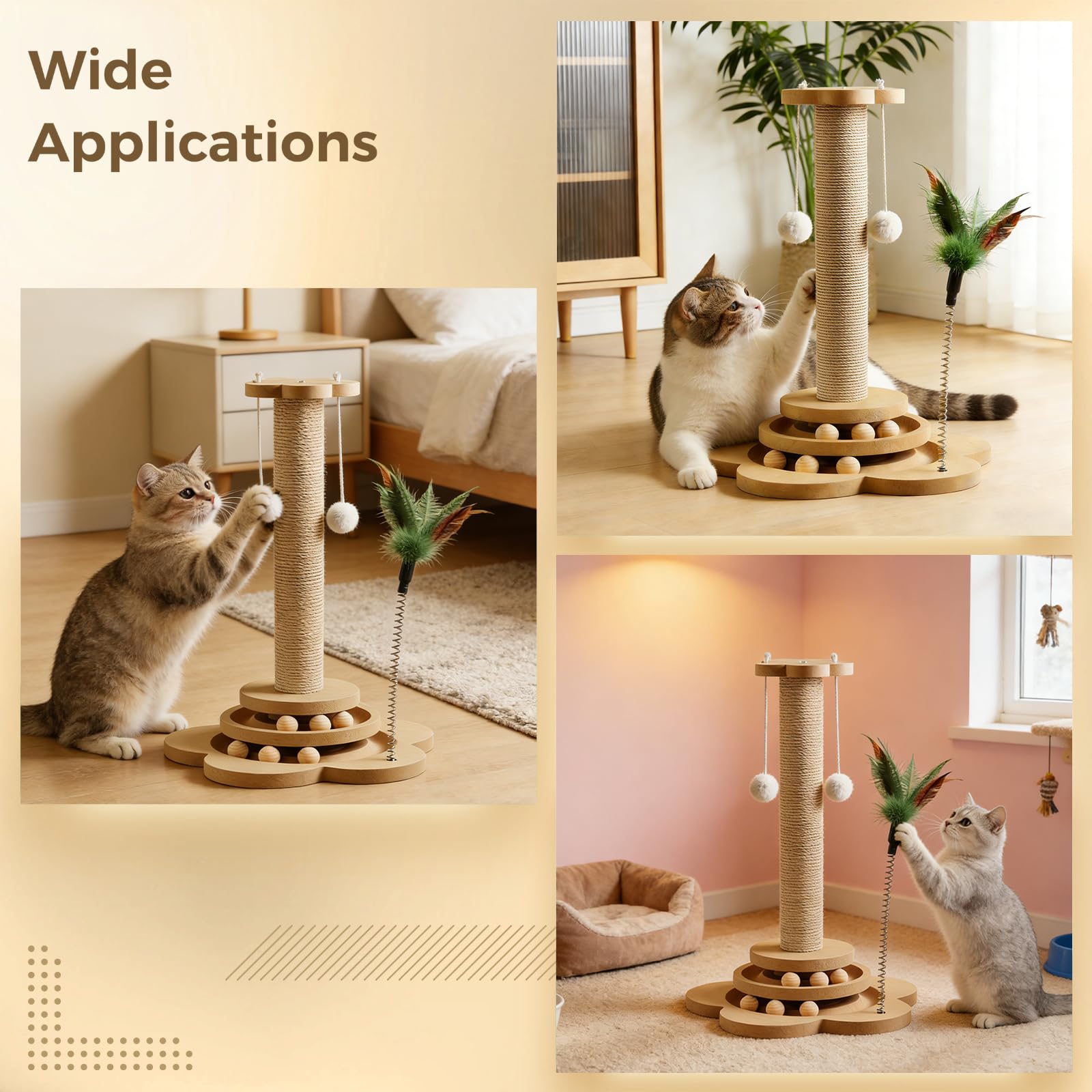 Griffoir pour Chat en Bois Massif de 46 cm, recouvert de sisal, avec balles roulantes et plumeau, Arbre à gratter interactif pour Jouer, griffer et se Reposer, protège Les Meubles