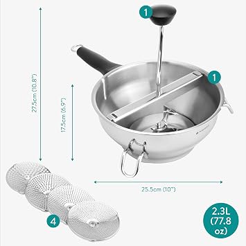 Navaris Stainless Steel Food Mill with Detachable Handle - 2.4qt(2.3L) Ergonomic Hand Crank, 4 Discs, Ultra Fine Disc for Tomato Sauce, Applesauce, Baby Food, Mashed Potatoes, Jams