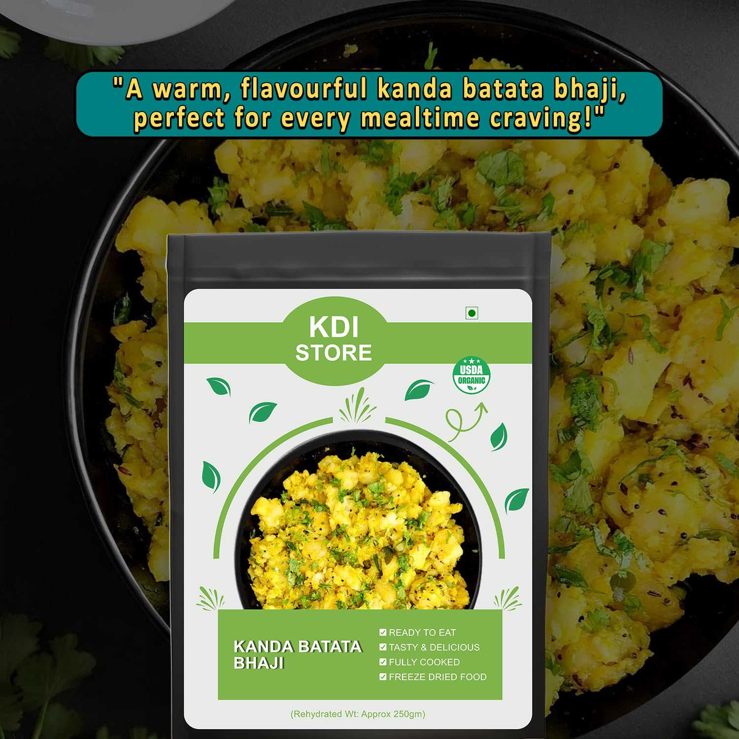 KDI Store Kanda Batata Bhaji, Ready to Eat Indian Spiced Potato Stir Fry, Freeze Dried Food, USDA Organic, 55g