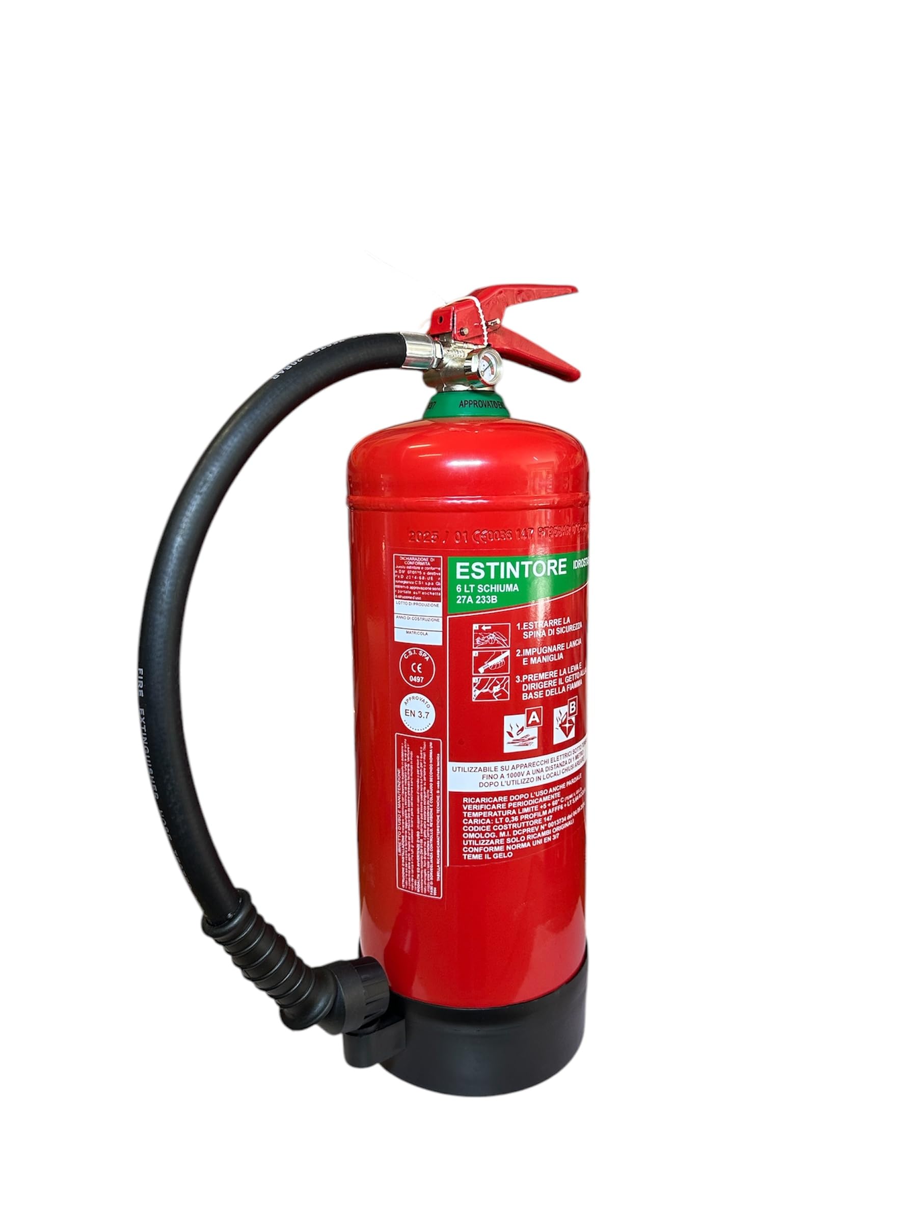 Estintore A Schiuma LT 6 2026 Omologato E Certificato Con Staffa E Cartello Pvc Adesivo Per Uffici Negozi Hotel Case Vacanze B&B UNI EN 3-7 Con Cartellino Di Manutenzione Semestrale