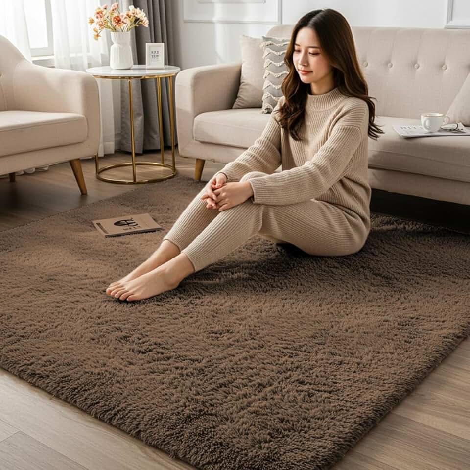 Tapete Peludo Felpudo 2,00 x 1,50m Antiderrapante para Sala Quarto Sofá Decoração Confortável Macio Shaggy Bege Moderno Tecido Aconchegante (Marrom)