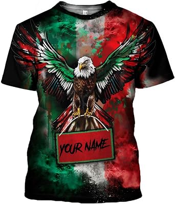 Custom Mexico Shirts Personalized Name Mexican 3D Flag Shirt for Men Women Aztec Unisex Short Sleeves US Eagle Pride Camisas (Polyester, Q3)