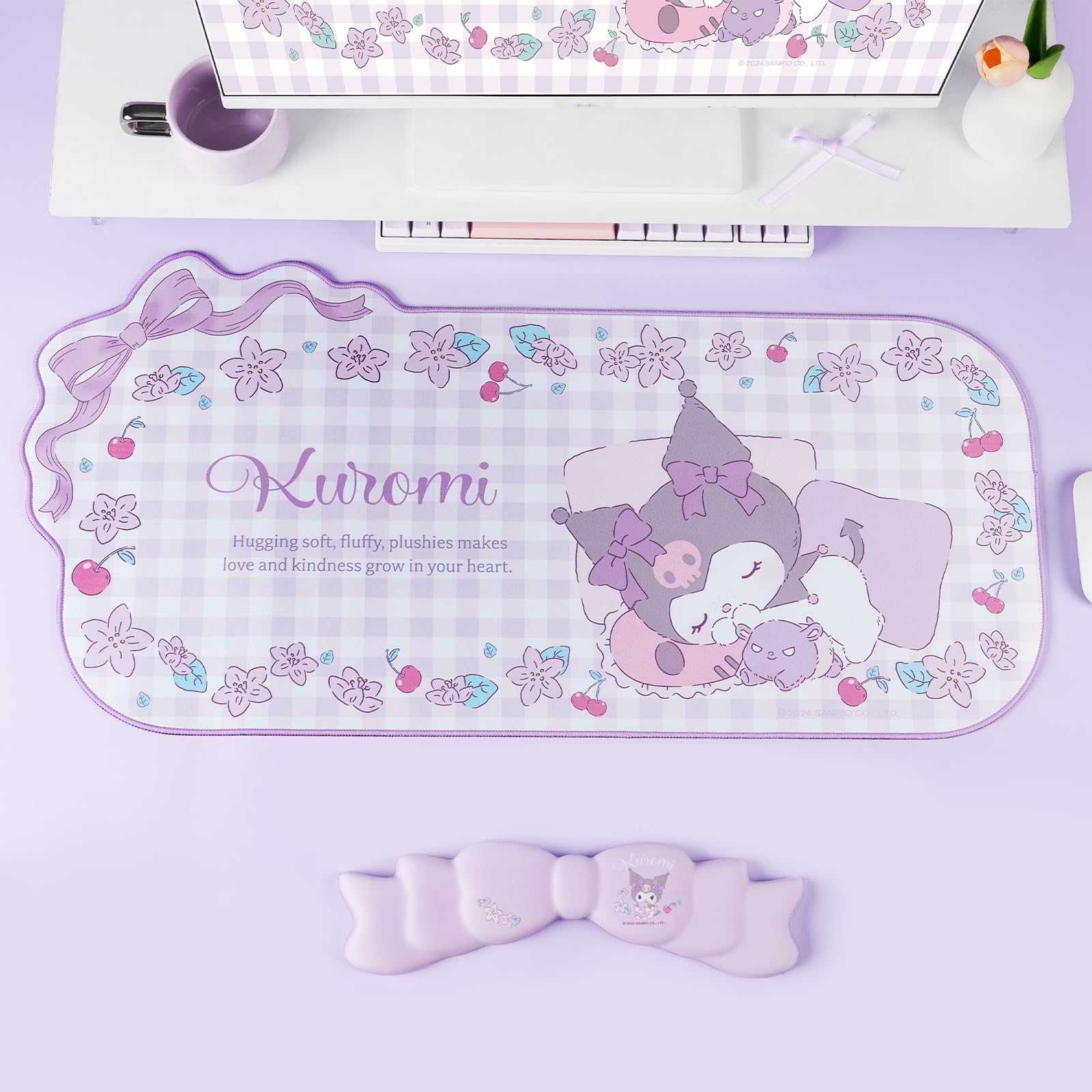 Kuitmor KLM Flower Dream - Set di tappetino per mouse Kawaii con poggiapolsi e poggiapolsi antiscivolo in memory foam con fiocco per tastiera e mouse, perfetto per giocare o lavorare a casa, in
