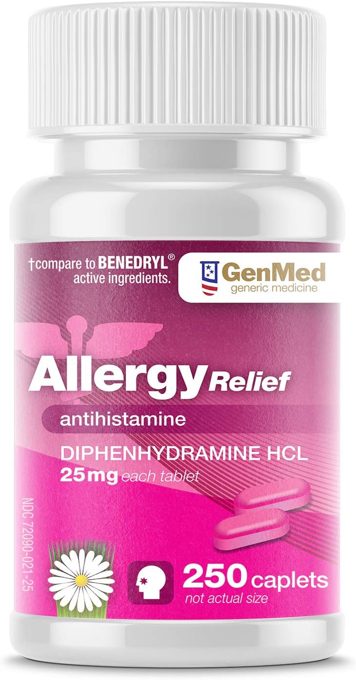 Genmed Allergy Relief, 250Count, Antihistamine, Diphenhydramine HCl 25 mg | Children & Adults | Relieve Itchy Eyes, Runny Nose, Sneezing