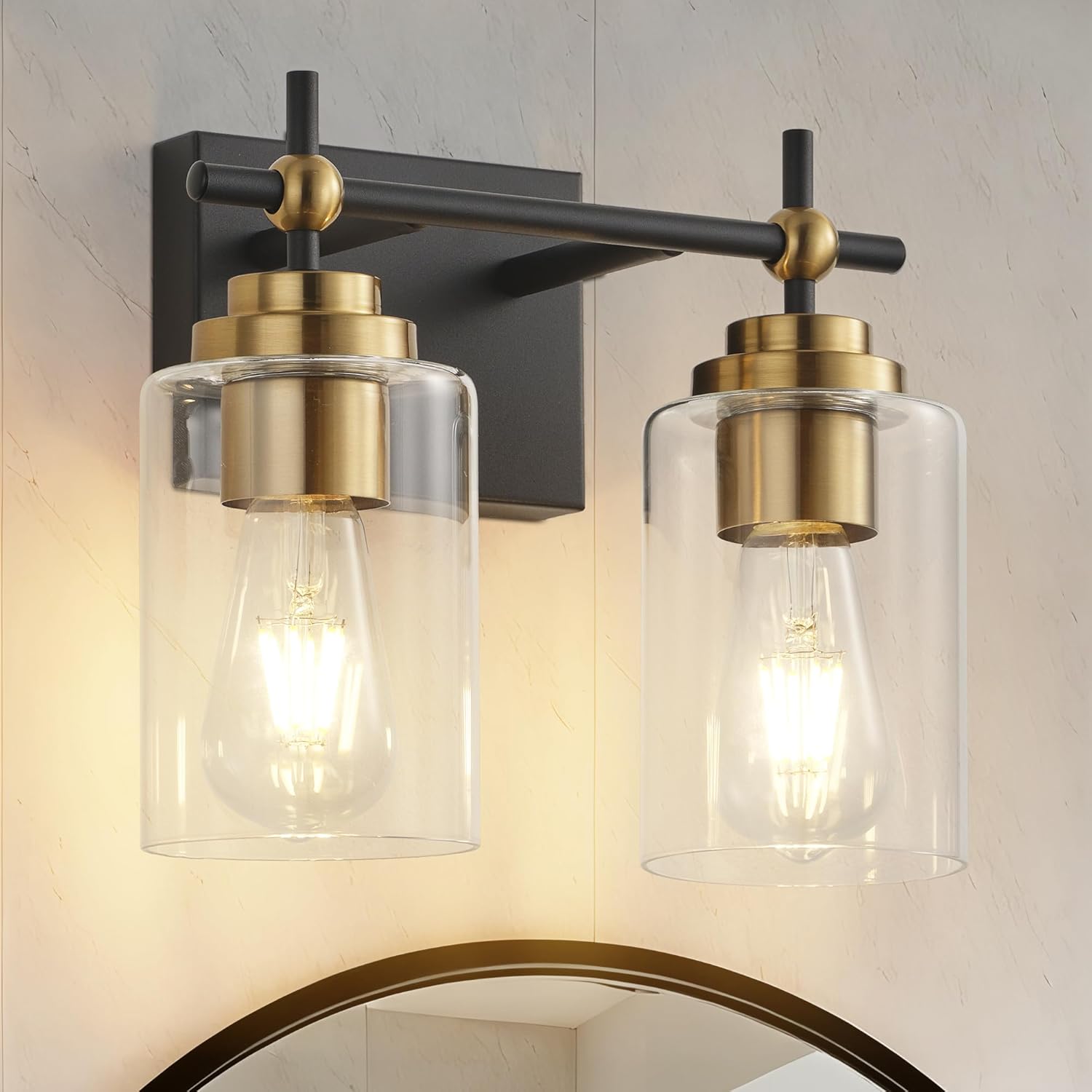 SOLFART Vanity Lights Bathroom Light Fixtures: 2-Light Black and Gold Vanity Lighting Fixtures Bathroom Lighting Fixtures Over Mirror Clear Glass Shades(Bulbs Not Included)