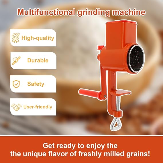 Rustproof Aluminum Hand Crank Grain Mill - Multifunctional Manual Food Grinder with Handle for Wheat, Corn, Nuts and Spices