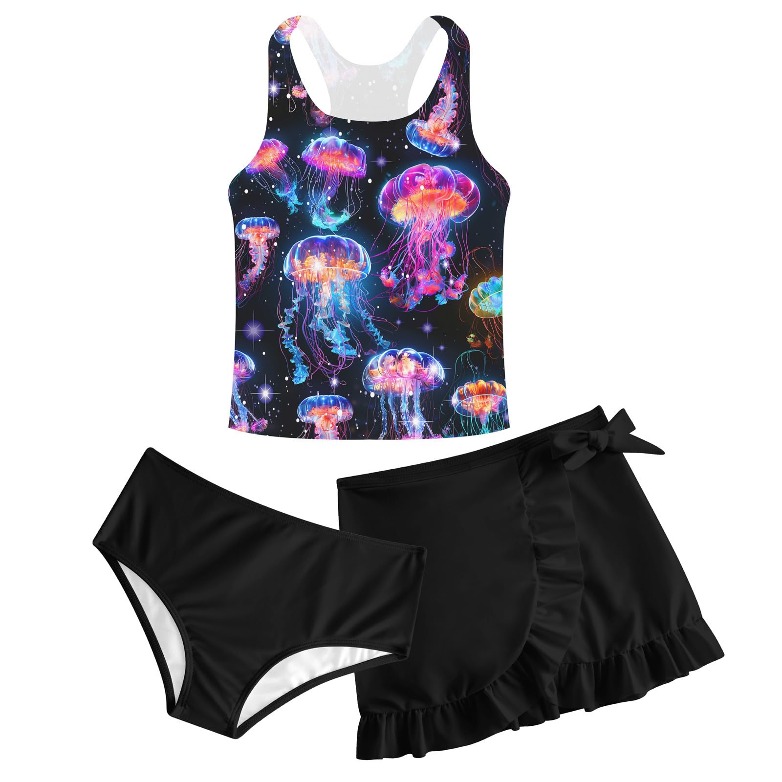 Girls Swimsuit 3 Piece Bathing Suit Quick Dry Tankini Set with Cover Up Beach Skirt Tankini Swimwear 5-16 Years