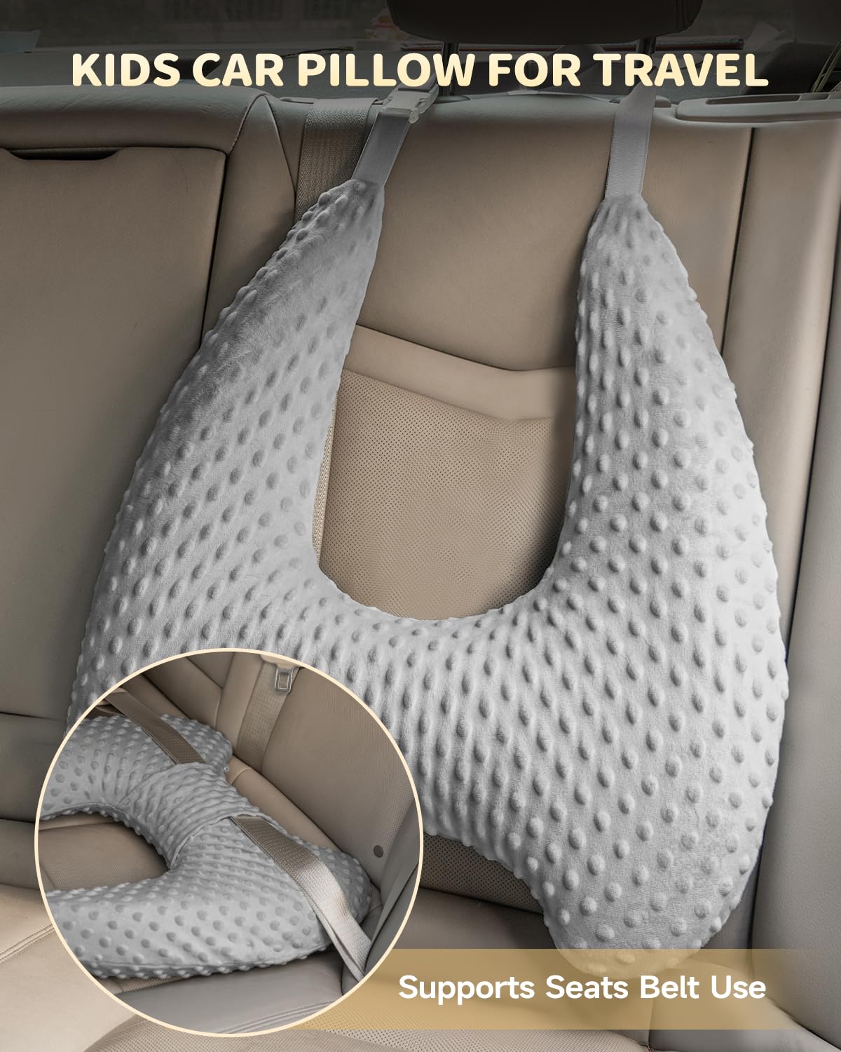 Oreiller de voyage en mousse à mémoire de forme pour enfants, oreiller de voiture en forme de H pour dormir, taie d'oreiller amovible, réglable, pois en velours, gris