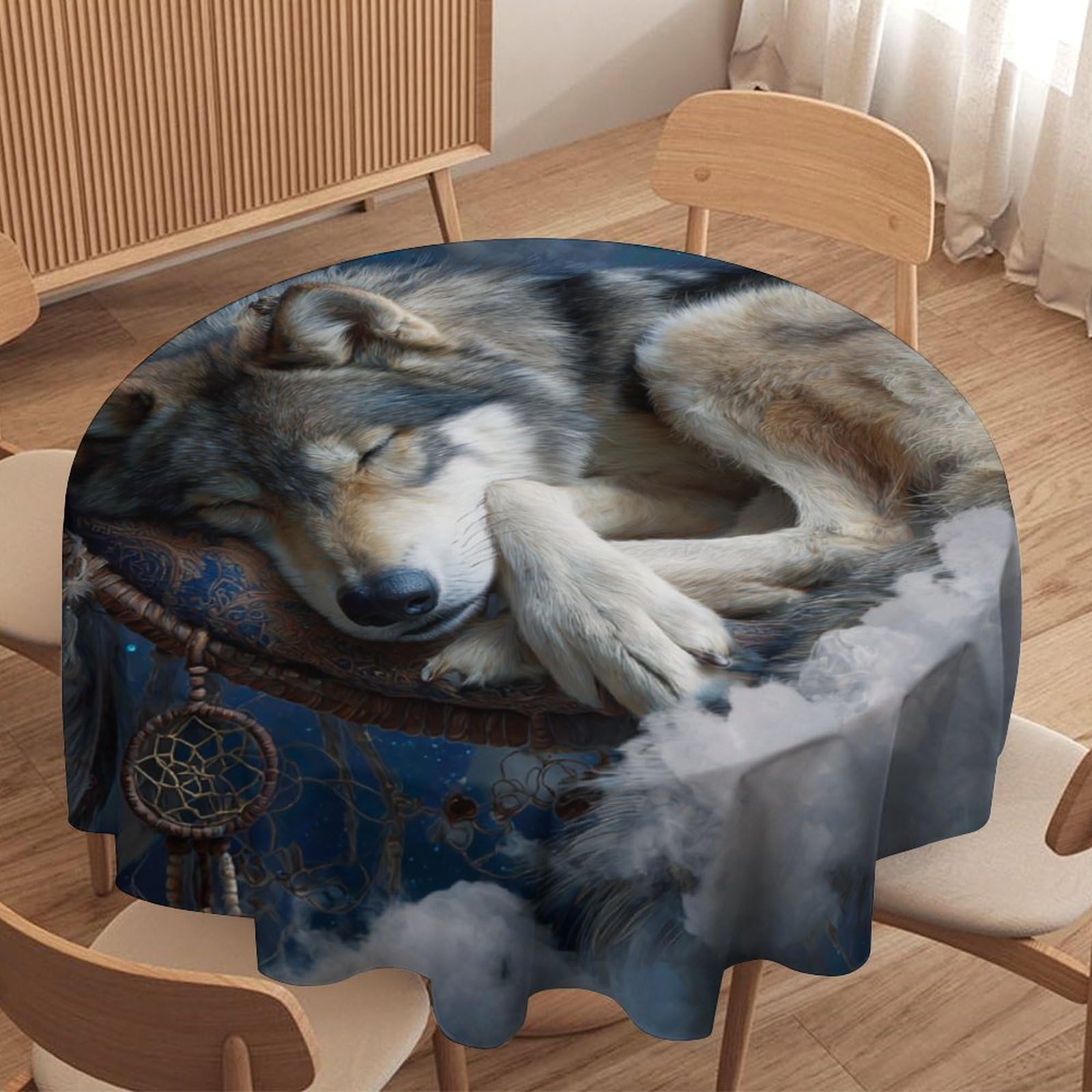 LUYYSKY Colorful Abstract Wolf Waterproof Round Tablecloth Vintage Realistic Dreamcatcher Animal Wolves Print Washable Table Cover for Kitchen-127 Wx127 L cm