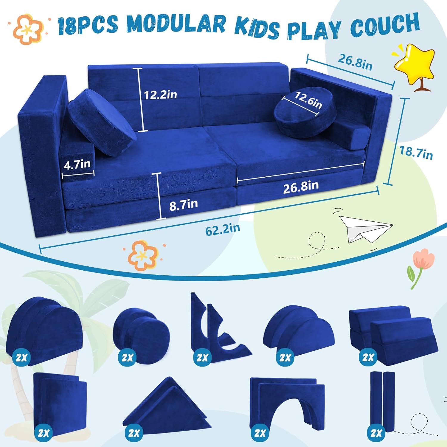 Kayfia 18PCS Modular Kids Play Couch, Kids Couch Building Fort for Playroom and Bedroom Furniture for Toddlers, Unlimited Creativity Sofa Convertible Play Fort (Blue)