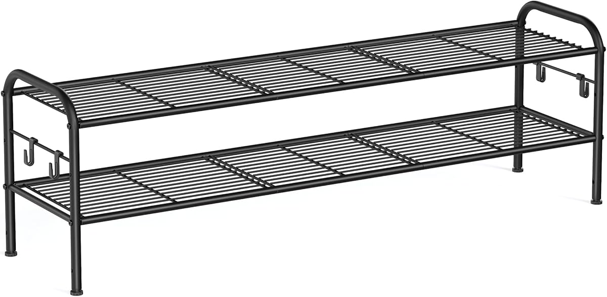 SONGMICS Shoe Rack, 2-Tier Shoe Organizer, Metal Shoe Shelf Storage with 4 Side Hooks, Holds 12 Pairs of Shoes, Height-Adjustable Shoe Rack for Entryway, Hallway, Closet, Easy Assembly, Ink Black