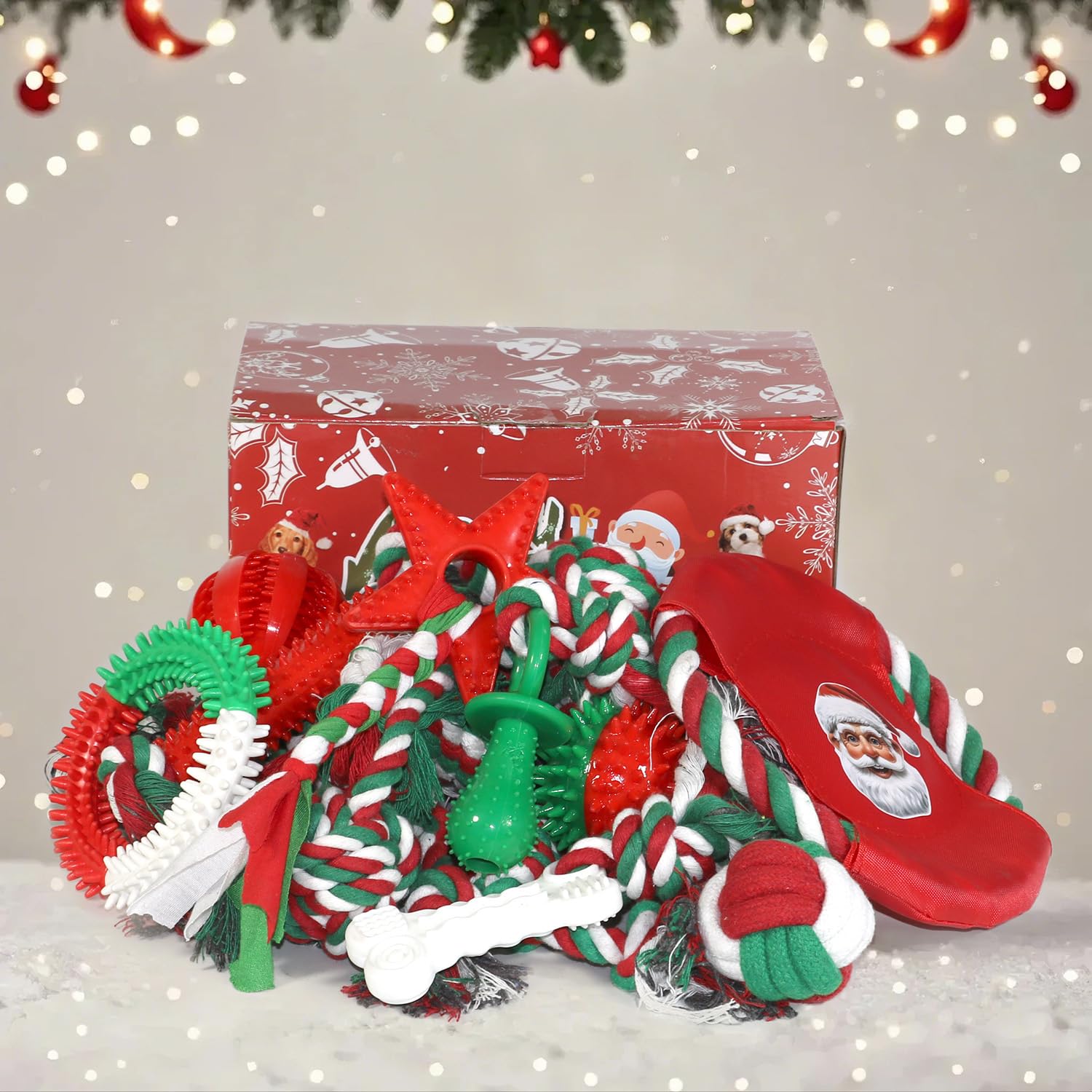 Juguetes de Navidad para perros, paquete de 15 juguetes masticables de goma para cachorros con juego de juguetes de cuerda, caja rígida interactiva para perros, entrenamiento para jugar a la