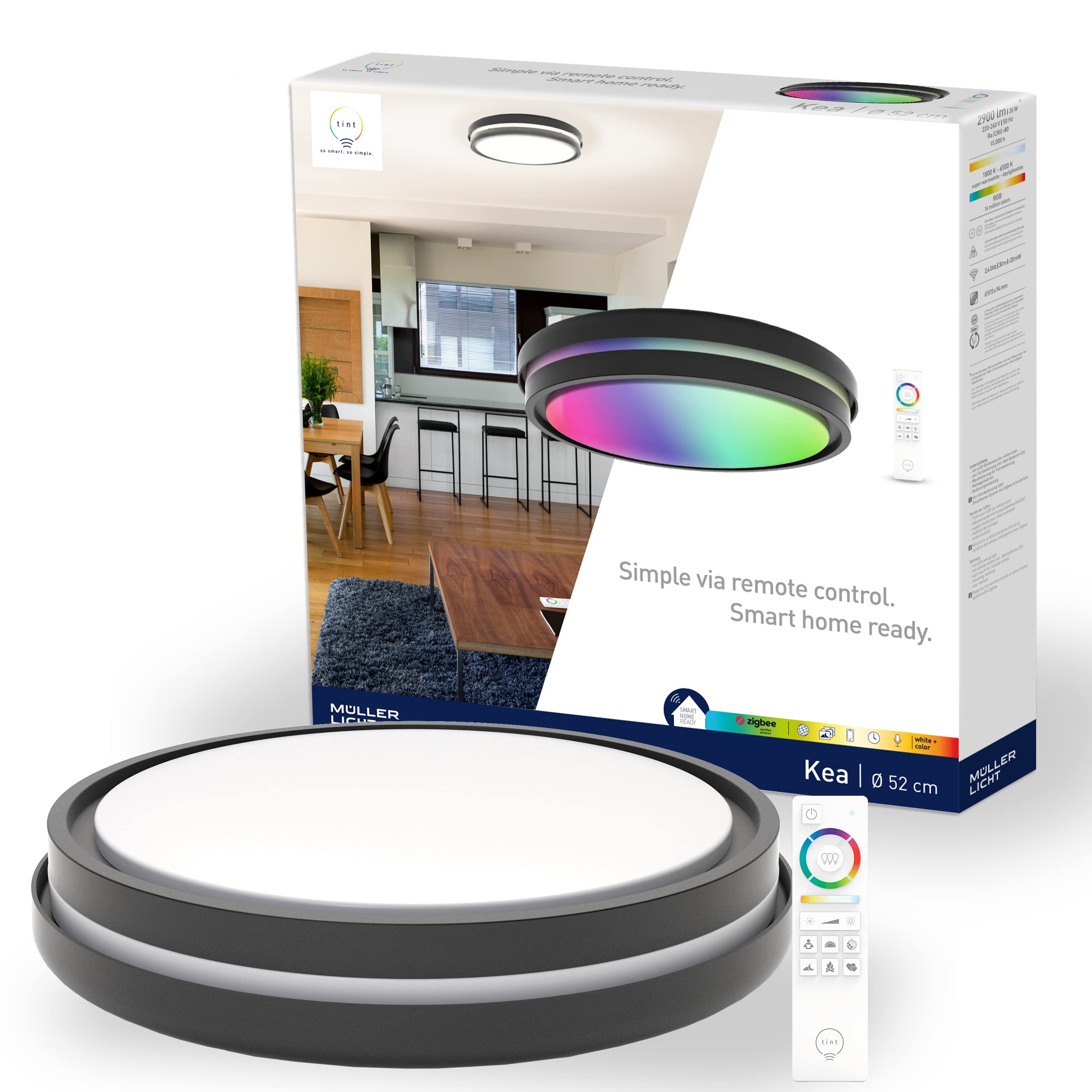 tint Smarte LED-Deckenleuchte KEA – Steuerbar per Alexa oder Fernbedienung – Dimmbare Beleuchtung mit weißem (1800-6500 K), farbigem RGB und indirektem Licht, 22 W – Ø 52 cm