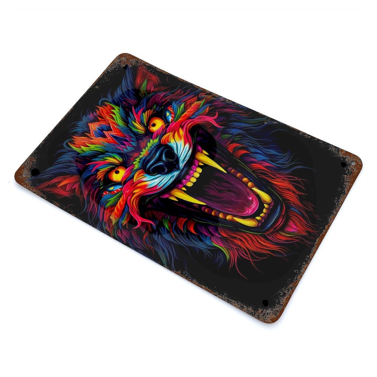 Rust Effect Psychedelic Wolf Neon Distressed Metal Wall Sign 11.8"x7.9", Farmhouse Wall Decor for Office, Studio And Wall Decor