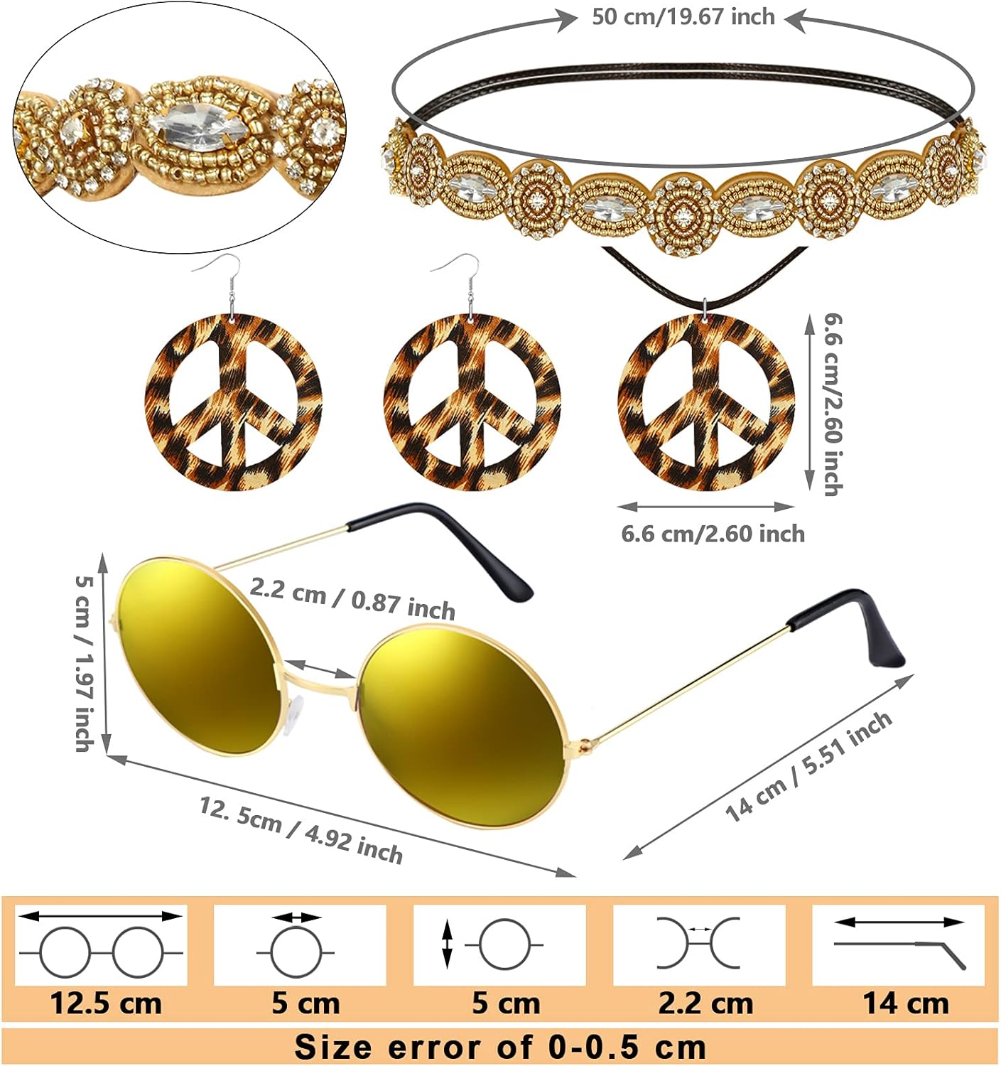 6 Pieces 60s 70s Hippie Costume Accessories Peace Sign Boho Set (Large, Black) : Toys & Games
