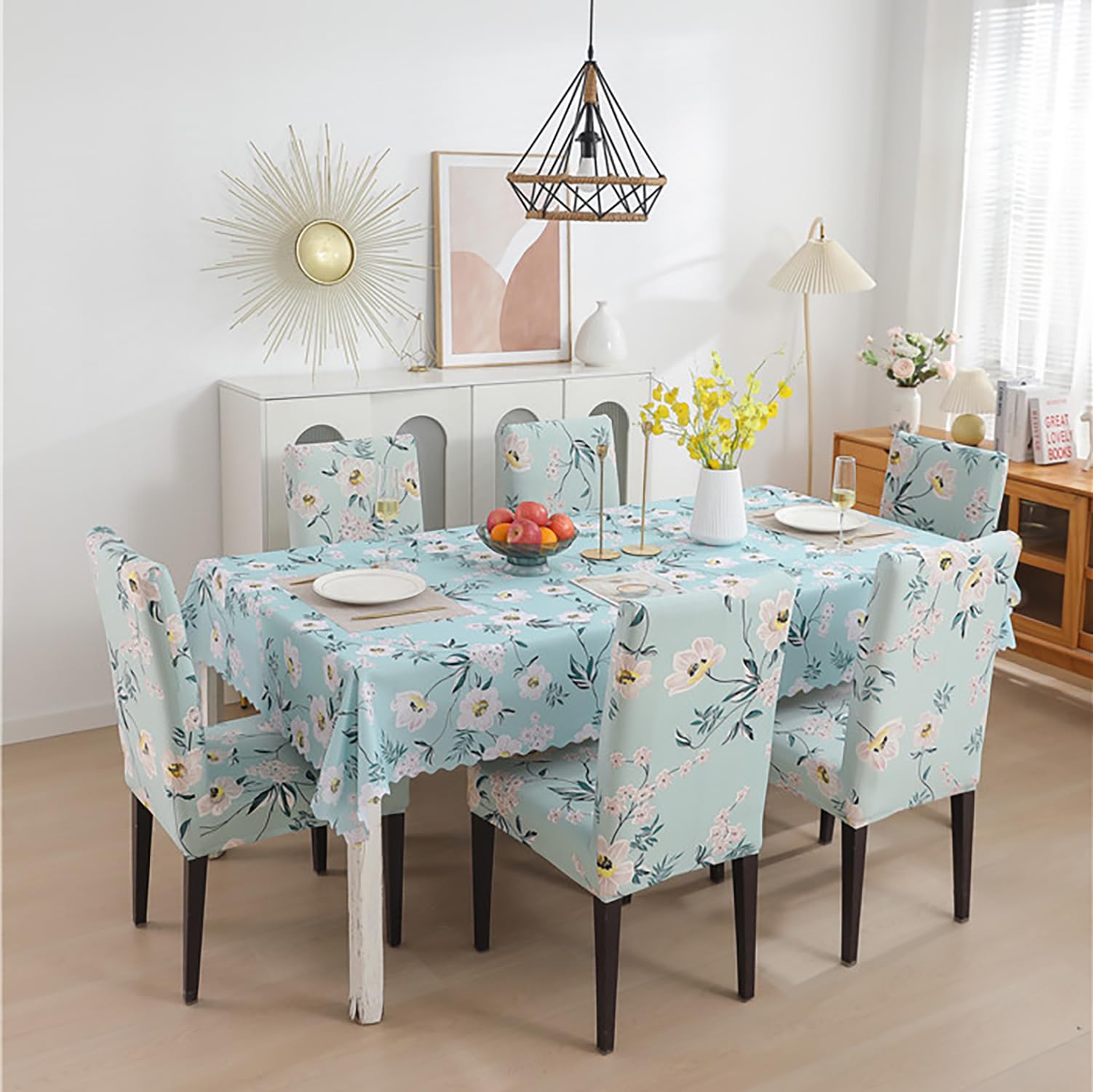 House of Quirk Polyvinyl Chloride (PVC) Dining Chair Cover with Rectangular Table Covers for Kitchen Waterproof Dining Table Cloth (Pastel Green Flower, 1 Table Cover + 6 Chair Cover)