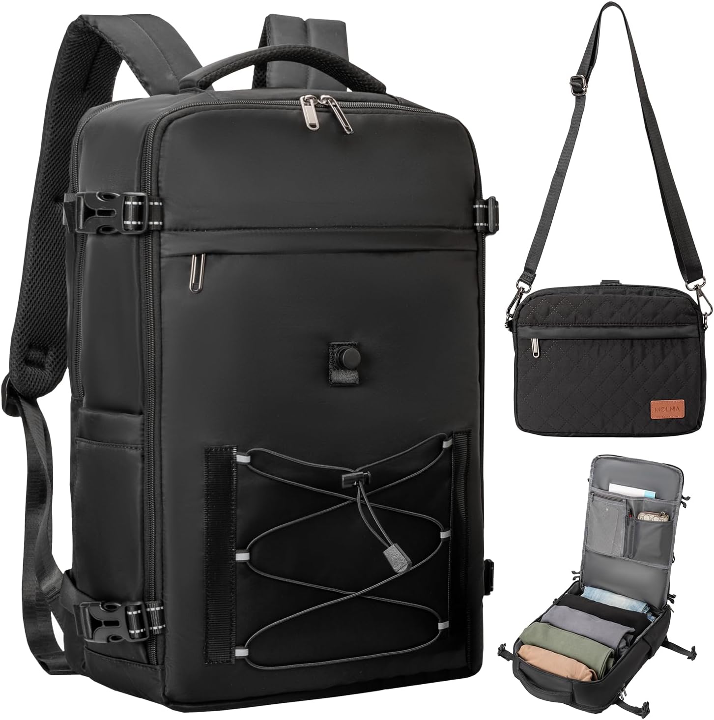 40L Waterproof Travel Backpack for Men & Women, Airline Approved Carry on Laptop Backpack, 17.3 Inch, with Detachable Crossbody Bag, Black