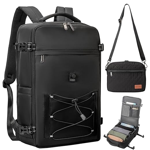 Evmyo 40L Waterproof Travel Backpack for Men & Women, Airline Approved Carry on Laptop Backpack, 17.3 Inch, with Detachable Crossbody Bag, Black
