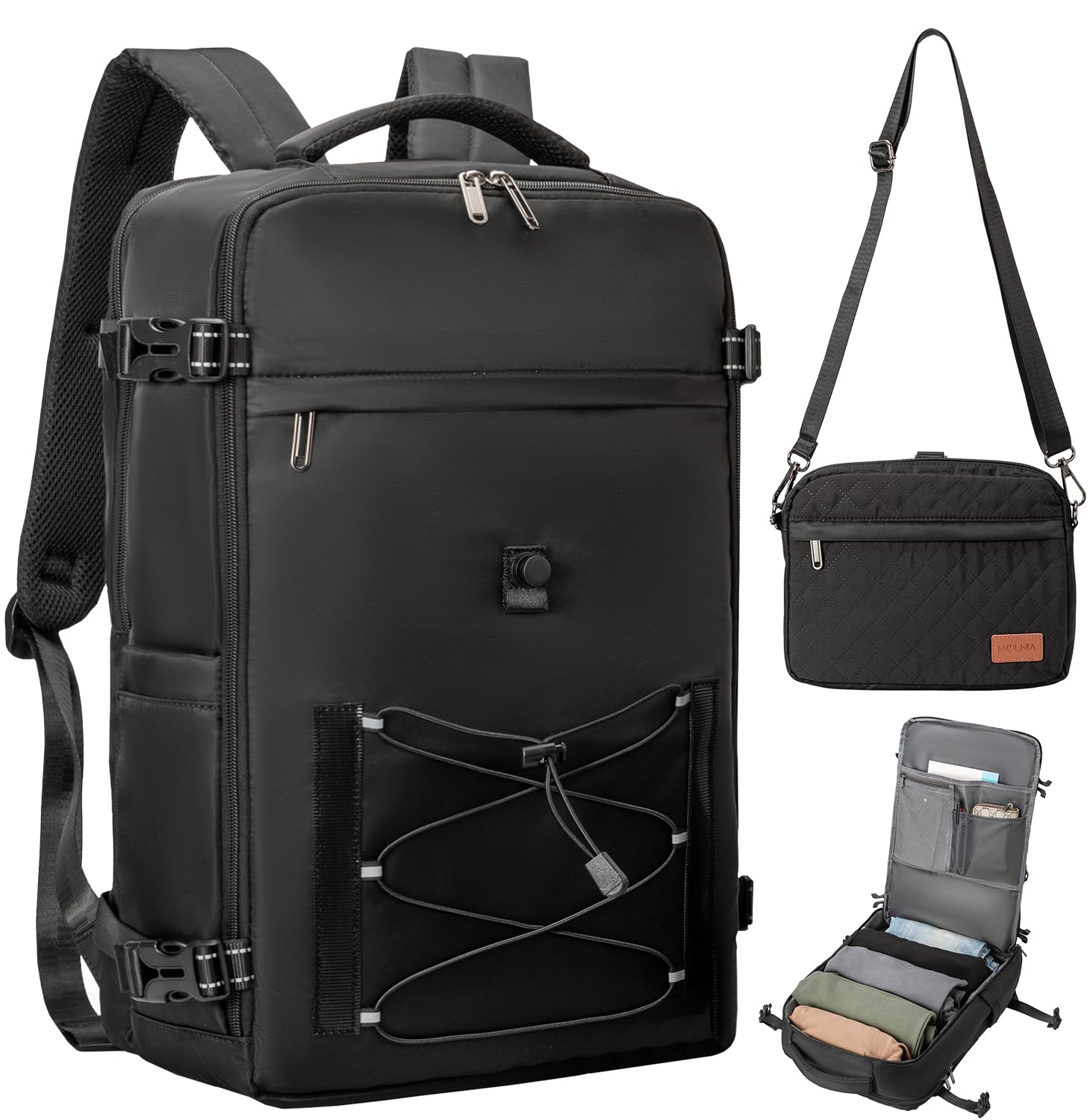 Evmyo 40L Waterproof Travel Backpack for Men & Women, Airline Approved Carry on Laptop Backpack, 17.3 Inch, with Detachable Crossbody Bag, Black