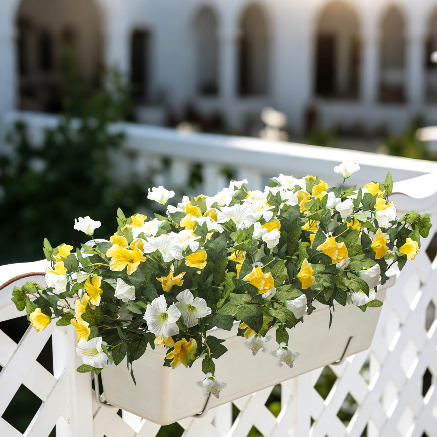 Grunyia Artificial Faux Petunias Silk Flowers for Outdoor Decoration, UV Resistant No Fade, Purple and White, 2 Pack, for Home Garden Balcony Yard Porch Indoor Decor (White+Yellow)