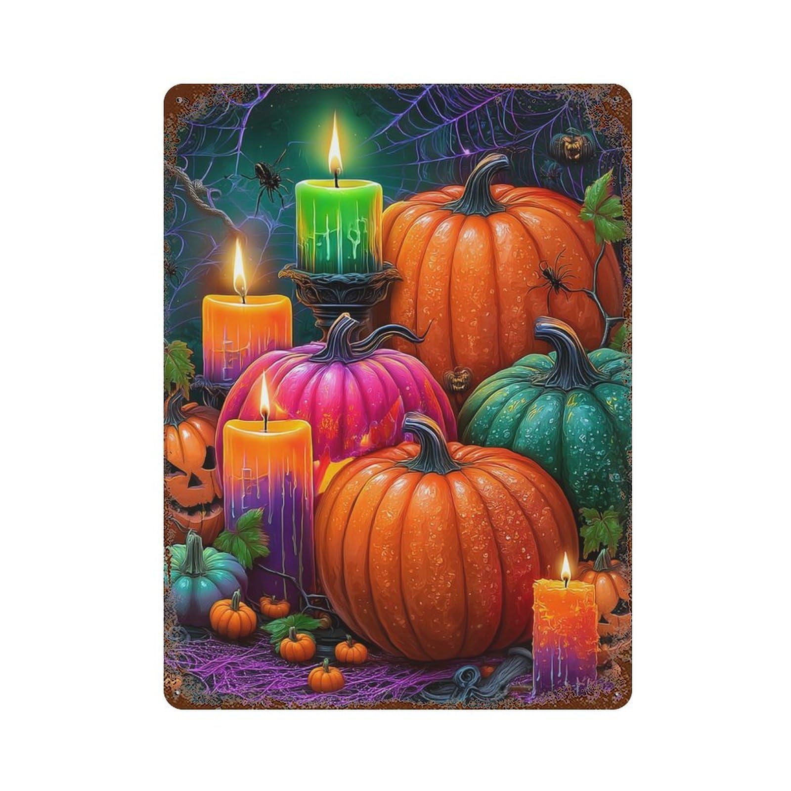 Weathered Tin Sign with Halloween Pumpkin Candles Decor Design 15.7"x11.8", for Basement, Hobby Room And Garage Decor, Industrial Home Decor